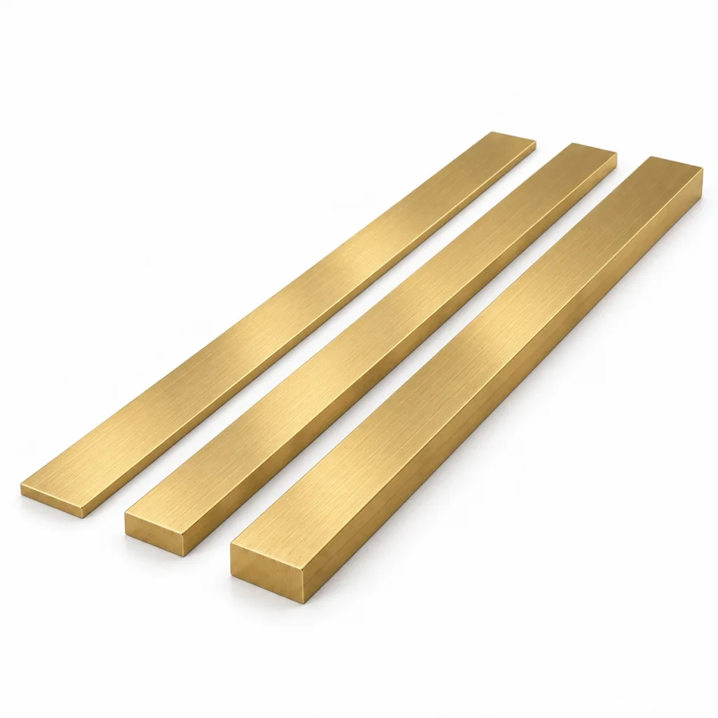 Brass flat bars in three sizes on a white background