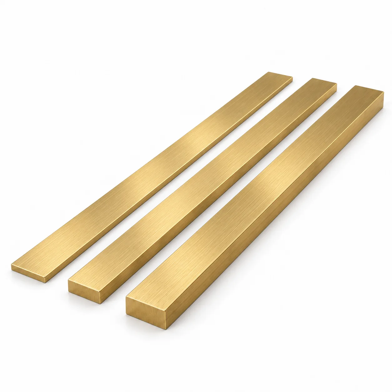 Brass flat bars in three sizes on a white background