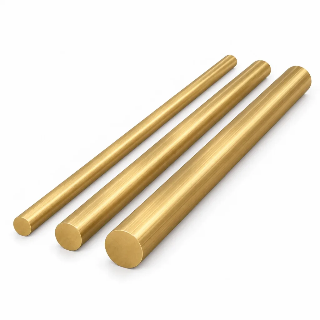Brass round bars in three sizes on a white background