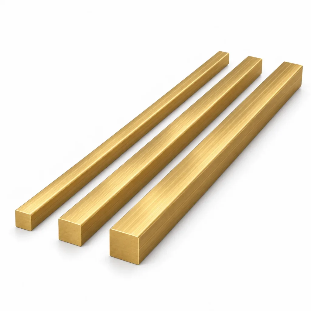 Brass square bars in three sizes on a white background